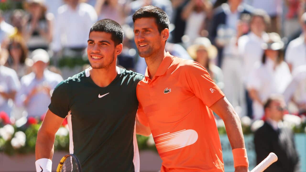 Carlos Alcaraz of Spain and Novak Djokovic of Croatia