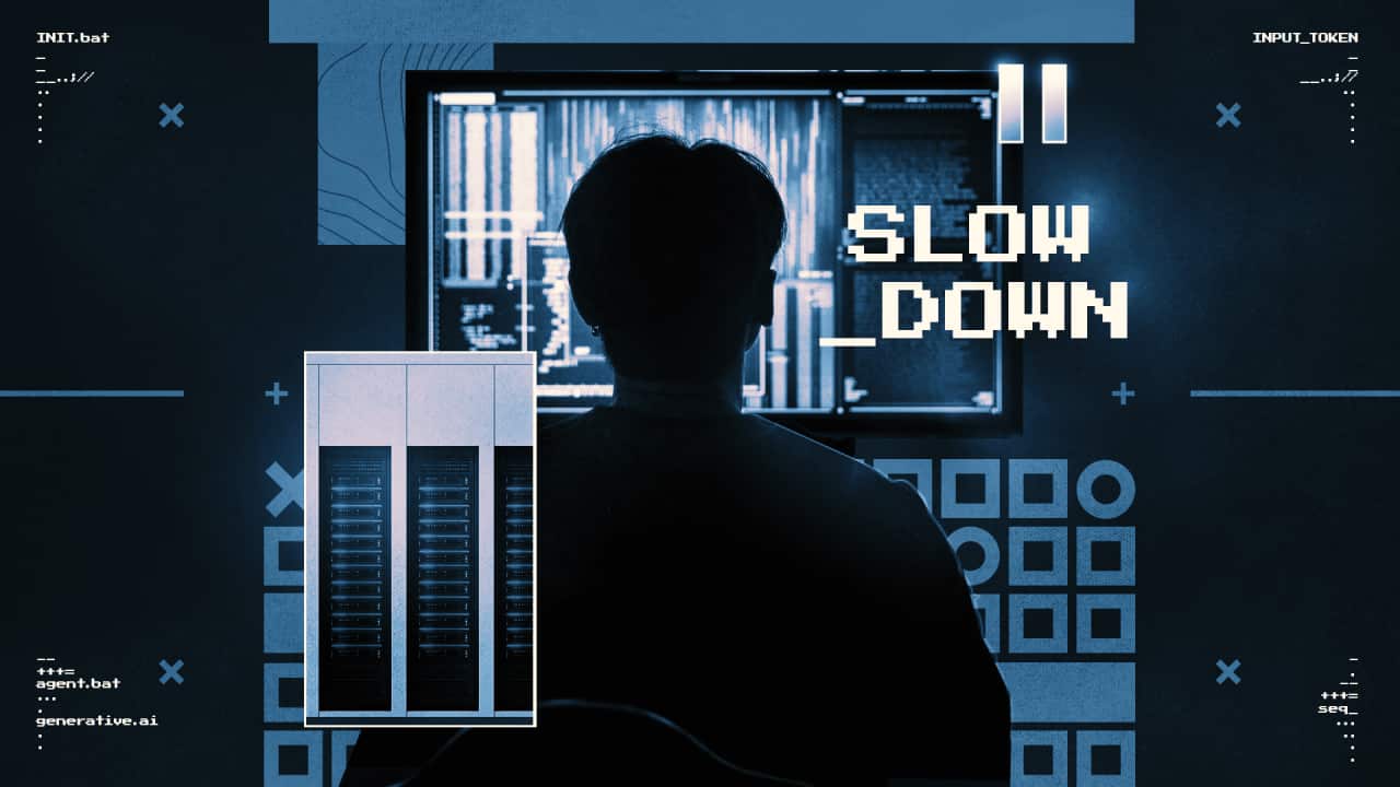 Silhouette of a person facing computer screens displaying code, with server racks and digital graphics illustrating an AI or technology slowdown.
