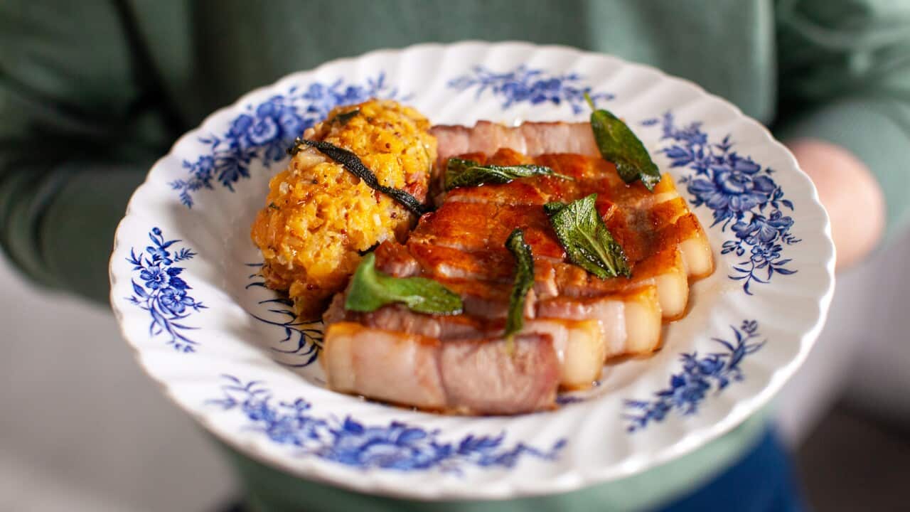 Pork chops with swede, mustard and sage.