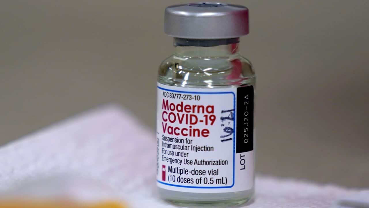 A bottle of Moderna COVID-19 vaccine.