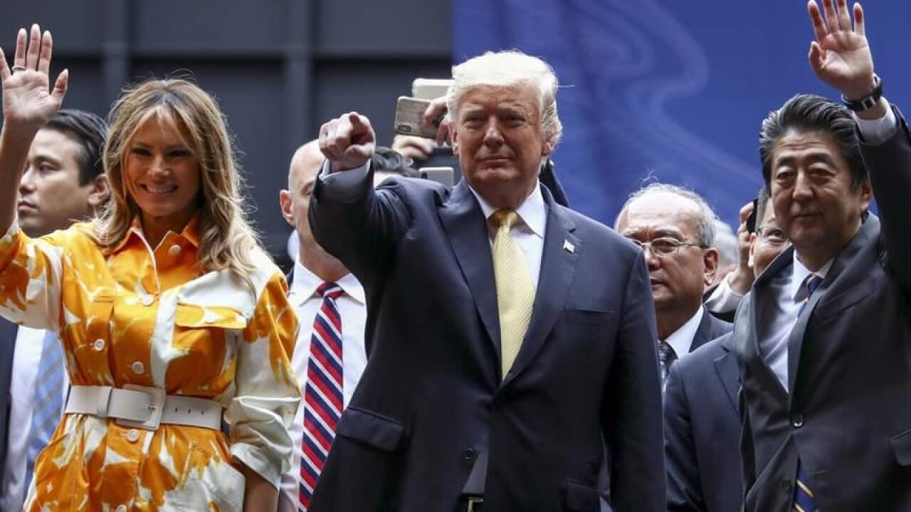 US President Donald Trump, Melania Trump and Japan's PM Shinzo Abe