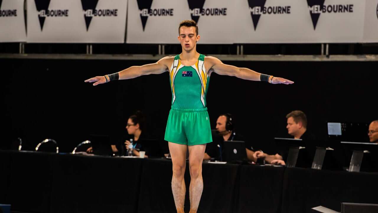 Australian Artistic Gymnast Heath Thorpe lining up to start a floor exercise during the World Cup Gymnastics in Melbourne. (Photo by Alexander Bogatyrev / SOPA Image/Sipa USA)