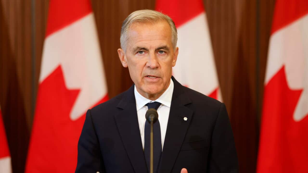 Prime Minister Mark Carney speaks about Canada's response to new U.S. tariffs during a news conference on Parliament Hill in Ottawa on Saturday, Aug. 22, 2026.