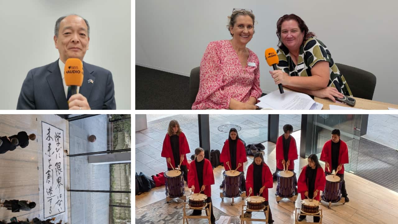 Japanese Teachers' Conference: From the top left, Mr Osamu YAMANAKA Consul-General of Japan, Elizabeth Robertson (Coordinator of the Languages and Culture team at the NSW Department of Education), Coreena Allen (languages advisor on the Languages
and Culture team at the NSW Department of Education), Calligraph by Ren Yano, Taiko Ensemble by students from Plumpton High School