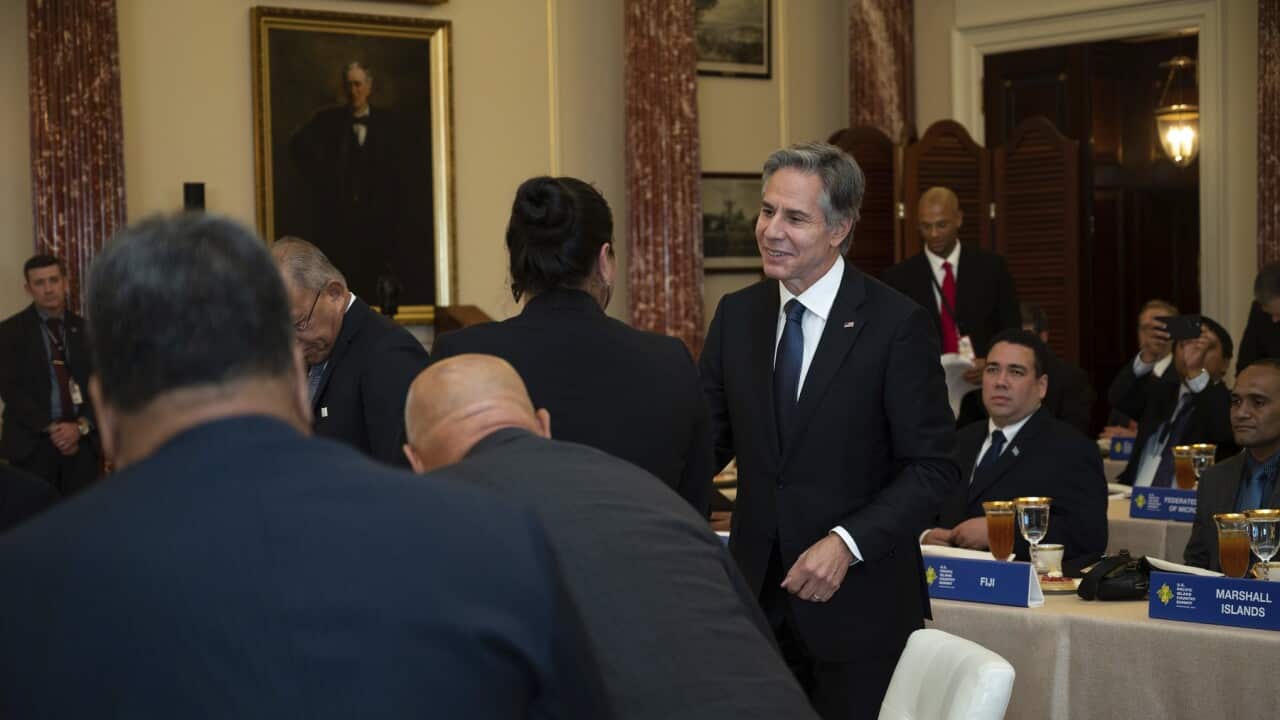 US Secretary of State Antony Blinken greets dignitaries from Pacific Island Countries during the U.S.-Pacific Island Summit