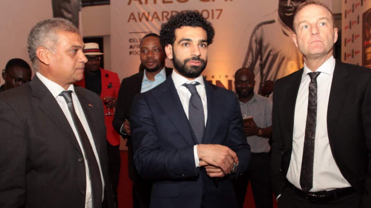 Mohamed Salah (C) of Egypt arrives for the annual CAF (Confederation of African Football) 2017 Awards Ceremony in Accra, Ghana, 04 January 2018.