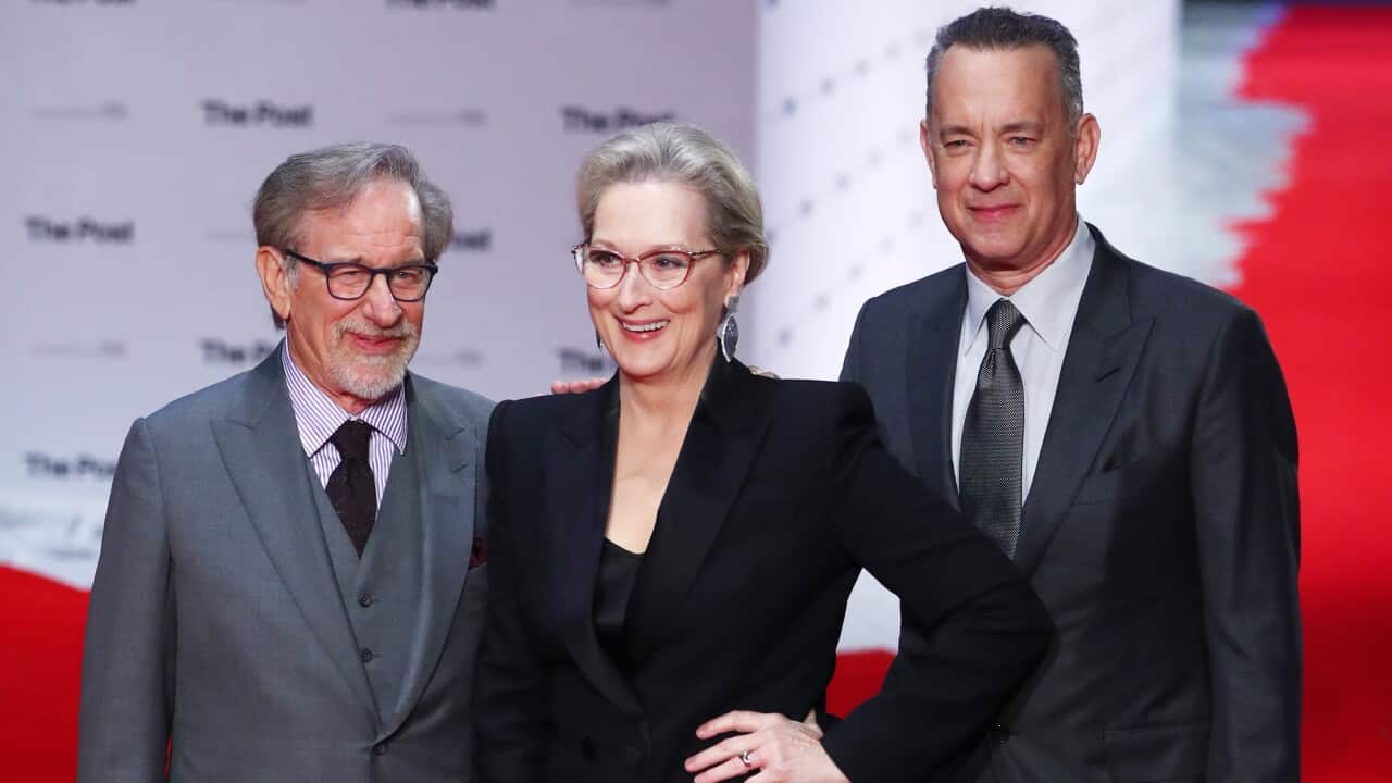 US director Steven Spielberg (L-R), US actress Meryl Streep and US actor Tom Hanks
