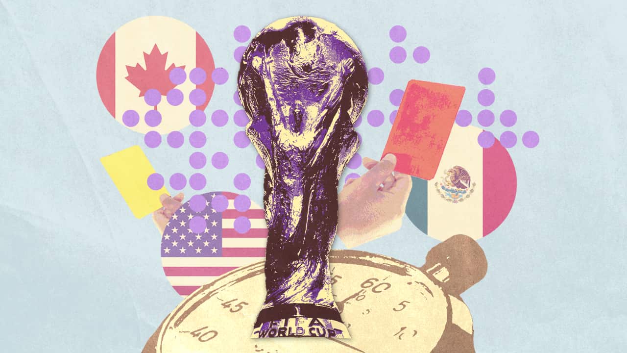 A graphic showing a trophy, a stopwatch, a red and yellow card and dots representing the US, Canadian and Mexican flags.