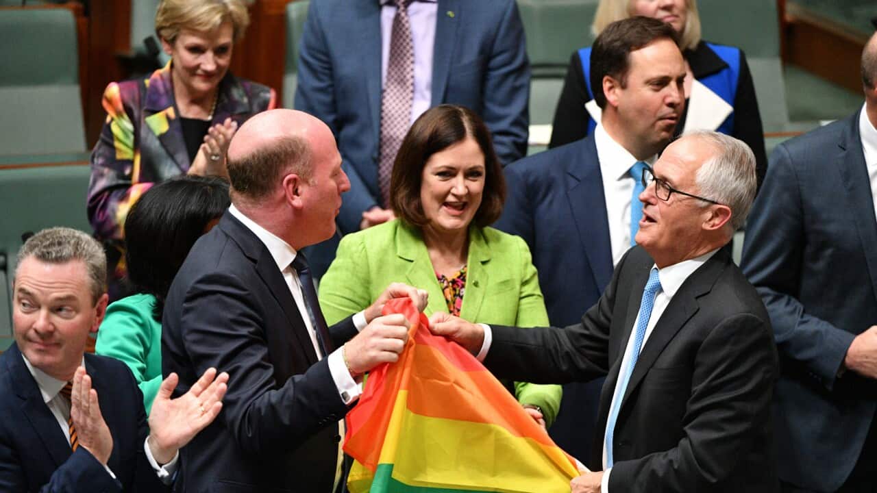 Liberal MP Trent Zimmerman and Prime Minister Malcolm Turnbull celebrate the passing of the same-sex marriage bill.