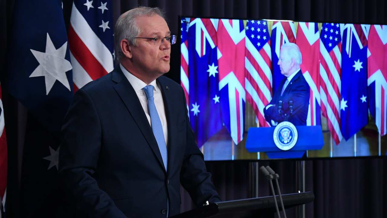 Prime Minister Scott Morrison during the AUKUS joint press conference with Britain’s Prime Minister Boris Johnson and US President Joe Biden