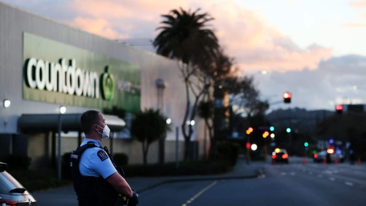 Police guard the area around Countdown LynnMall on 3 September, 2021 in Auckland, New Zealand.