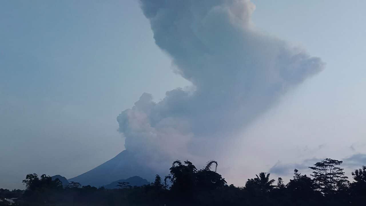 Mount Merapi spews volcanic material into the air in Sleman, Indonesia.