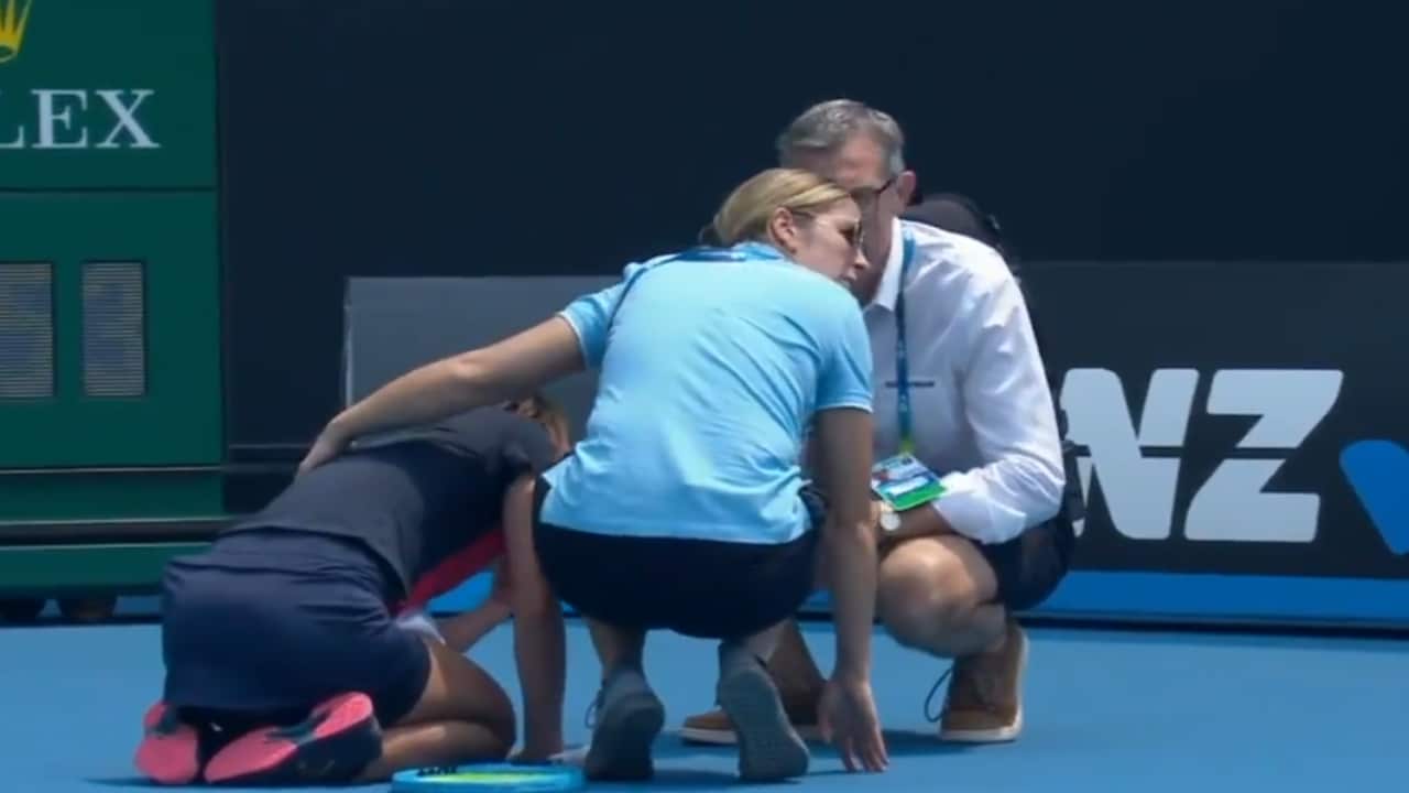 Slovenian Dalila Jakupovic before retiring from an Australian Open qualifying match as a result of thick smoke blanketing Melbourne. 