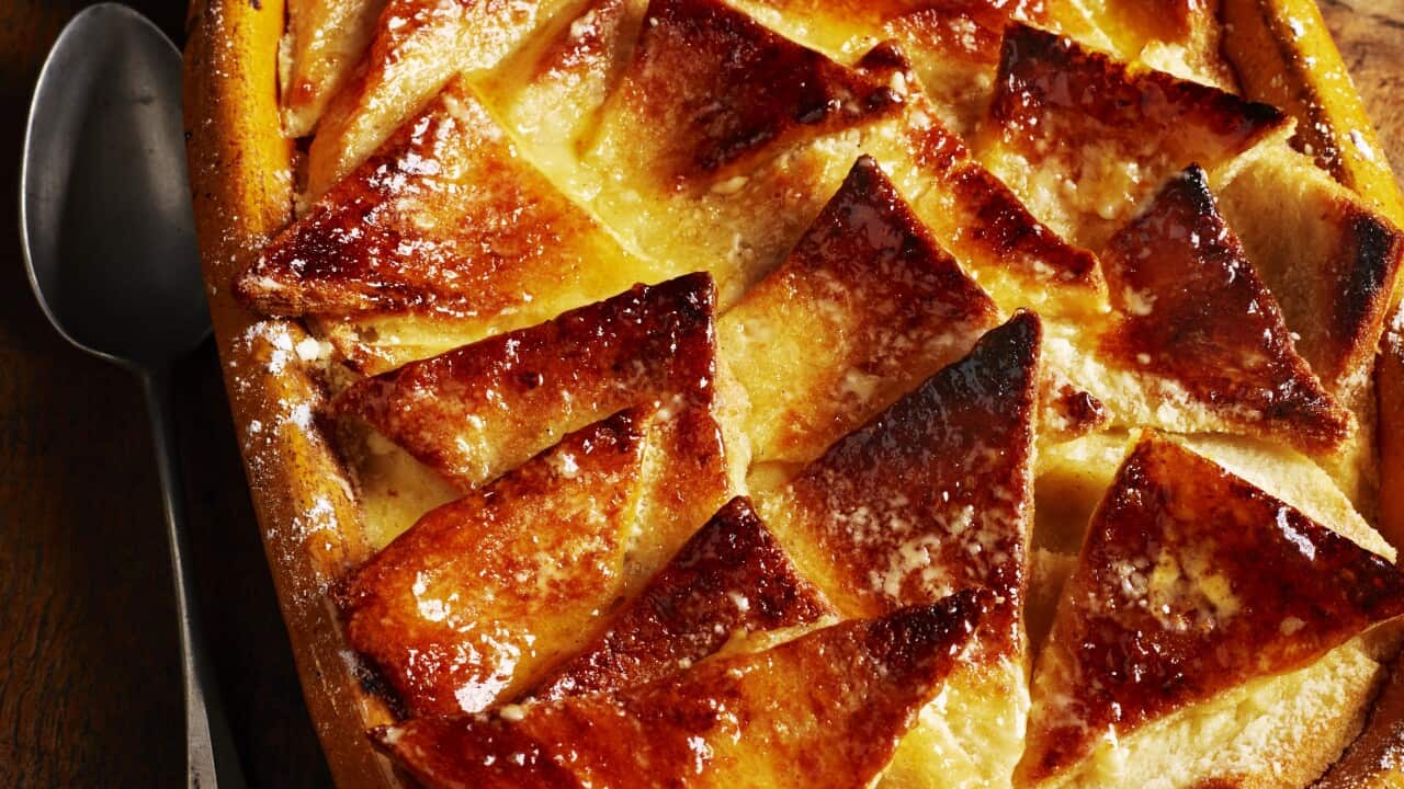 Caramelised bread and butter pudding with sultanas and apricot glaze
