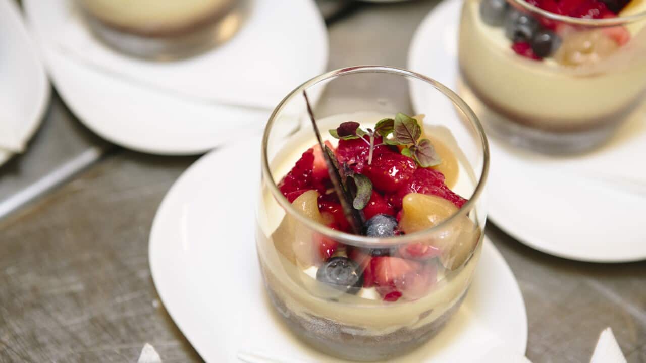 Honey panna cotta with burnt apple puree and summer berries.