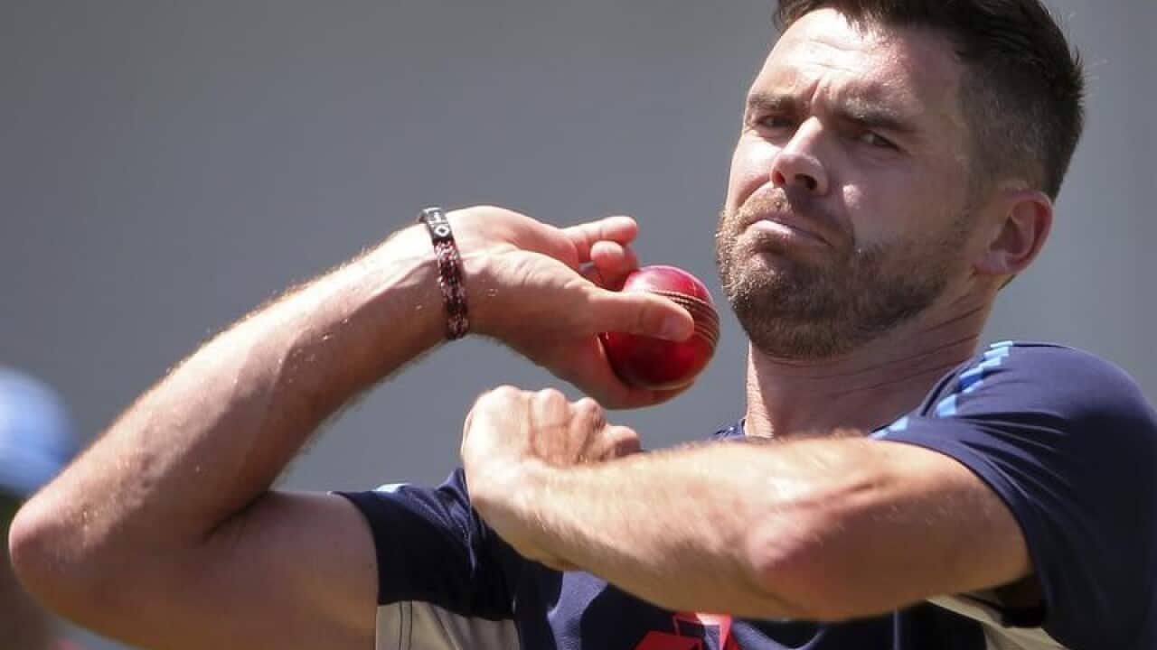 England's James Anderson bowls in the nets