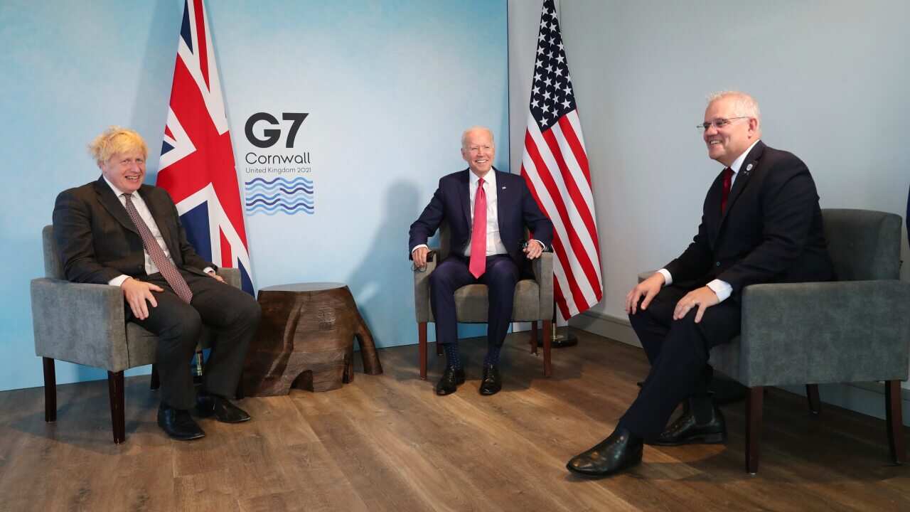 Scott Morrison met with US President Joe Biden and UK Prime Minister Boris Johnson during the G7 summit in Cornwall on Saturday, 12 June.
