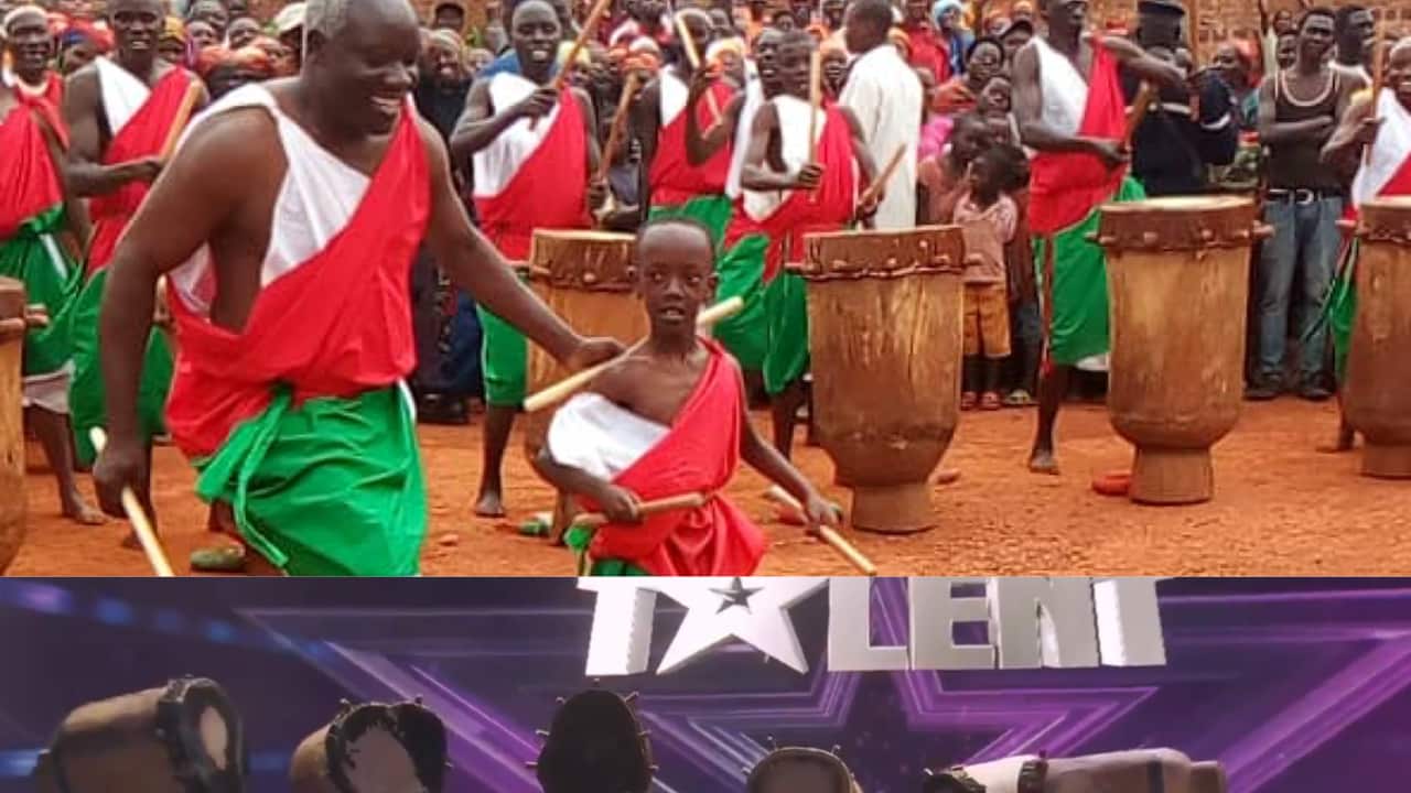 Top: Patrice Ntafatiro (with grey hair) performing the Burundian drum in Burundi. Below: HIMBAZA DRUMMERS performing on stage of the East Africa Got Talent show.