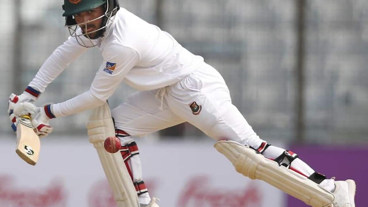 Bangladesh's Mominul Haque plays a shot.