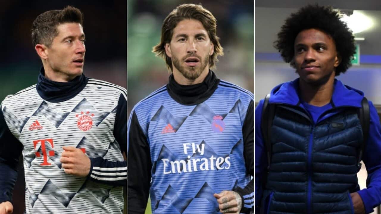 Robert Lewandowski (L), Sergio Ramos (C) and Willian