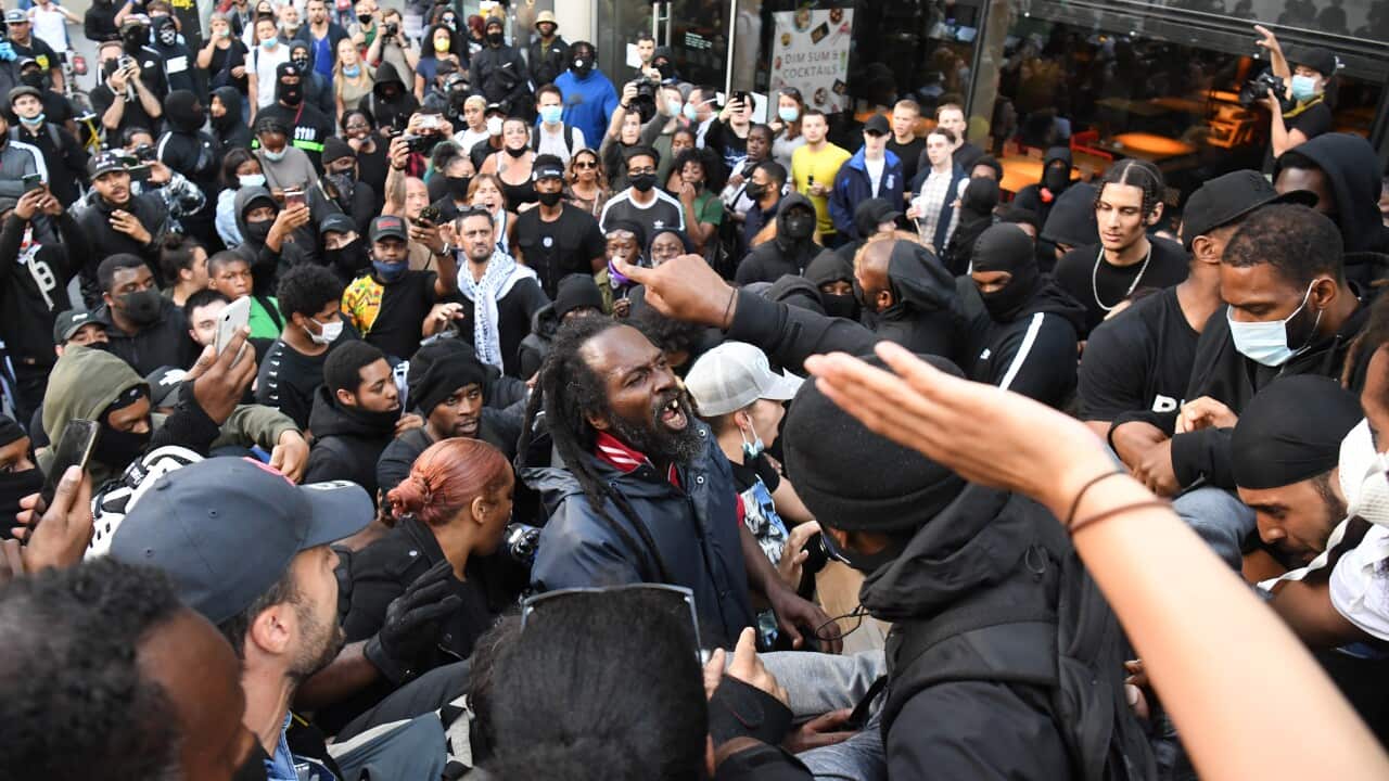 Protesters outside the Royal Festival Hall in central London.