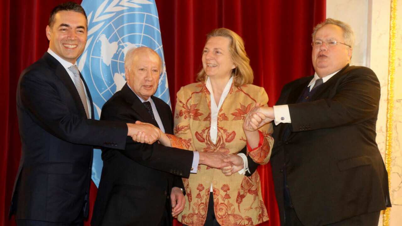 Macedonian Foreign Minister Nikola Dimitrov, UN mediator Matthew Nimetz, Austrian Foreign Minister Karin Kneiss, Greece's Foreign Minister Nikos Kotzias.