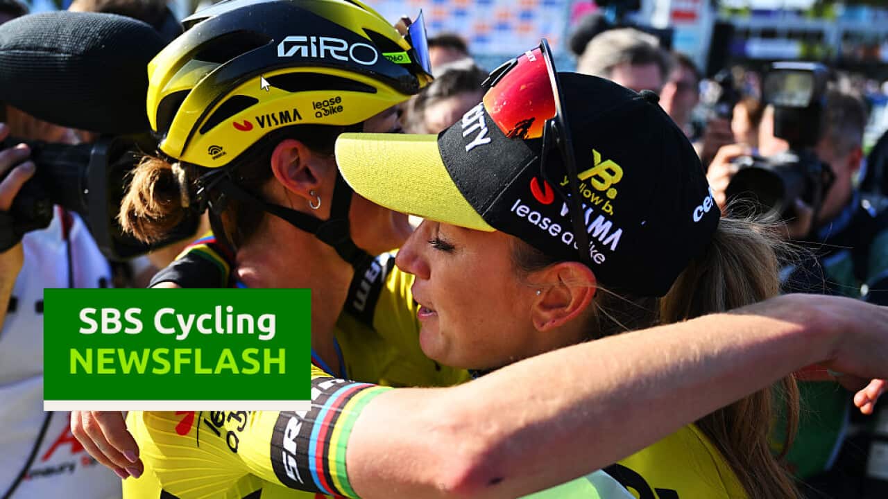 ROUBAIX, FRANCE - APRIL 12: Race winner Pauline Ferrand Prevot of France and Team Visma | Lease A Bike (R) celebrates the victory with her teammate Marianne Vos of Netherlands (L) after the 5th Paris-Roubaix Femmes 2025 a 148.5km one day race from Denain to Roubaix / #UCIWWT / #UCIWT / on April 12, 2025 in Roubaix, France. (Photo by Luc Claessen/Getty Images)