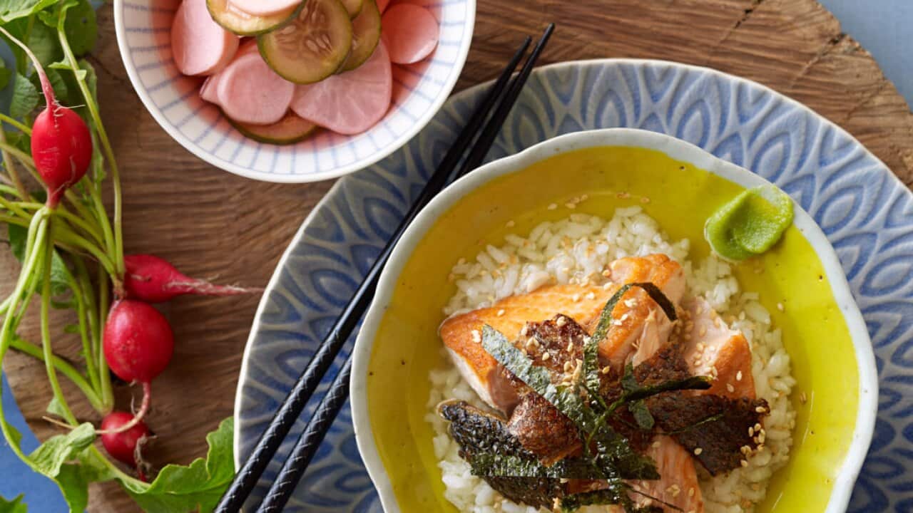 Cucumber radish and daikon pickles with green tea rice and salmon