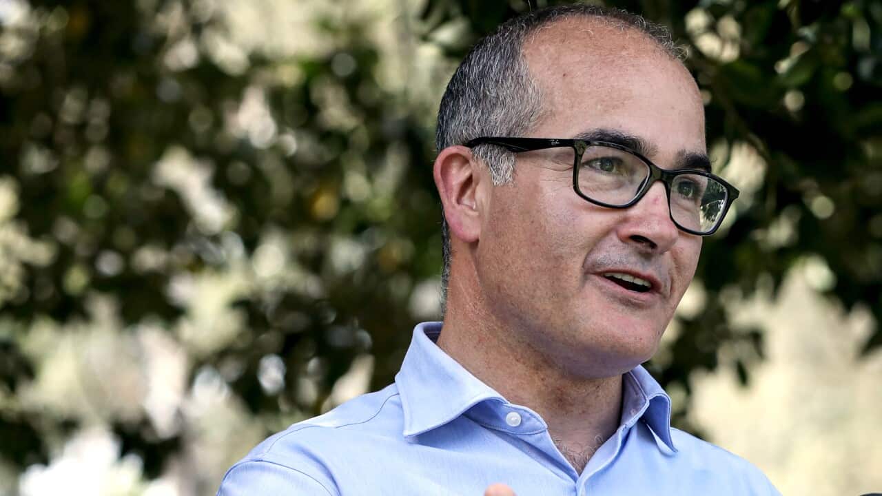 Victorian Deputy Premier James Merlino (L) and Premier Daniel Andrews speak to the media during a press conferenceat at Camp Manyung in Mount Eliza, 50kms south east of Melbourne, Sunday, December 5, 2021. (AAP Image/Diego Fedele)