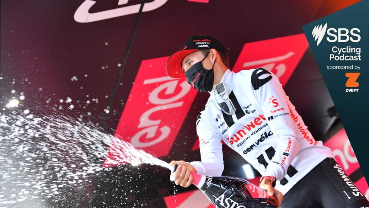 Jai Hindley celebrates his stage win in the Giro 2020