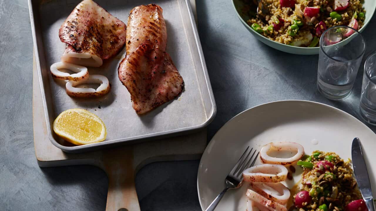 Sumac spiced calamari with freekeh, preserved lemon and broad bean salad