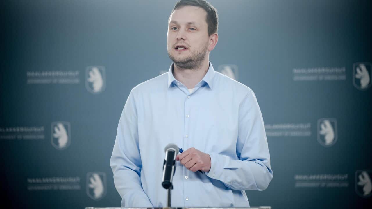 Greenland's Prime Minister Jens-Frederik Nielsen holds a press conference in Nuuk