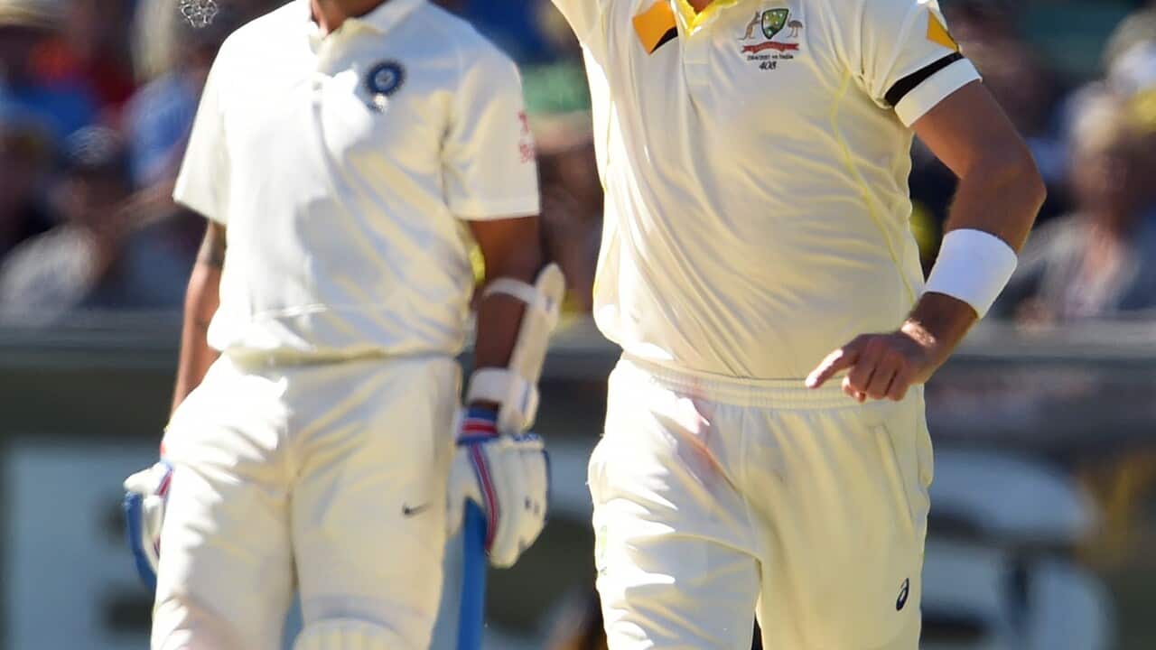 Australian paceman Ryan Harris (R) celebrates after dismissing Indian batsman Shikhar Dhawan as Murali Vijay (L) looks on during the second day of the third Test at the MCG. (Getty Images)