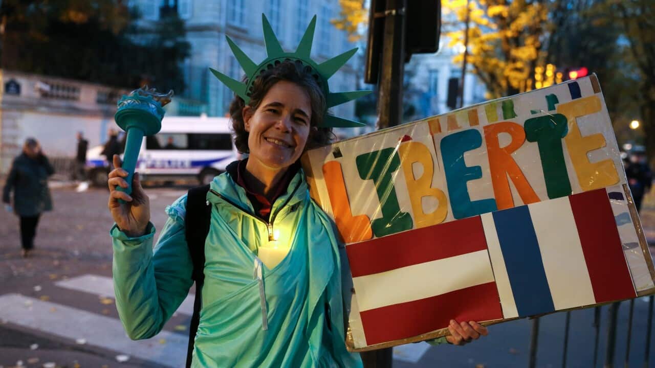 A demonstrator in front of the Austrian embassy in Paris