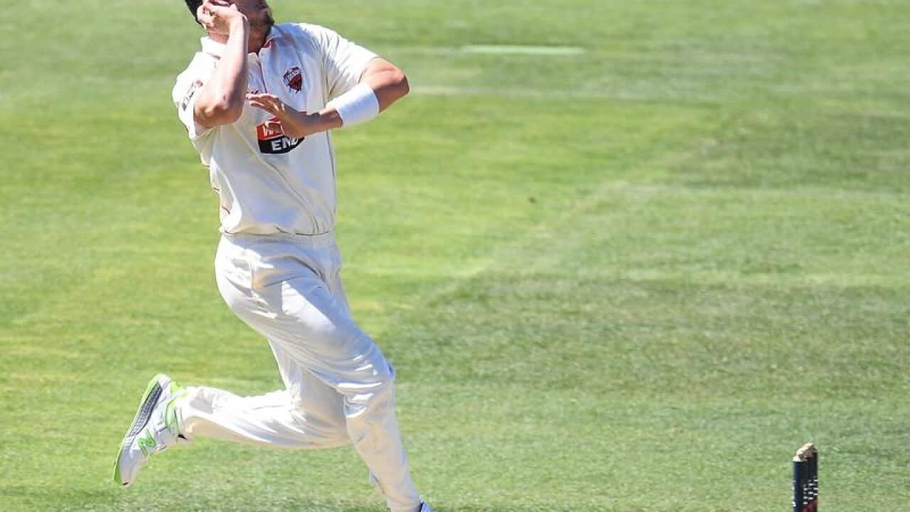 Daniel Worrall of South Australia bowls against Tasmania in Hobart.