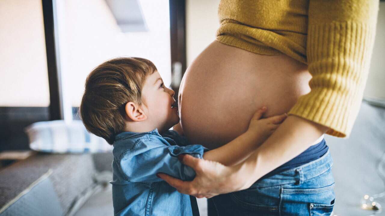 A pregnant woman and a child