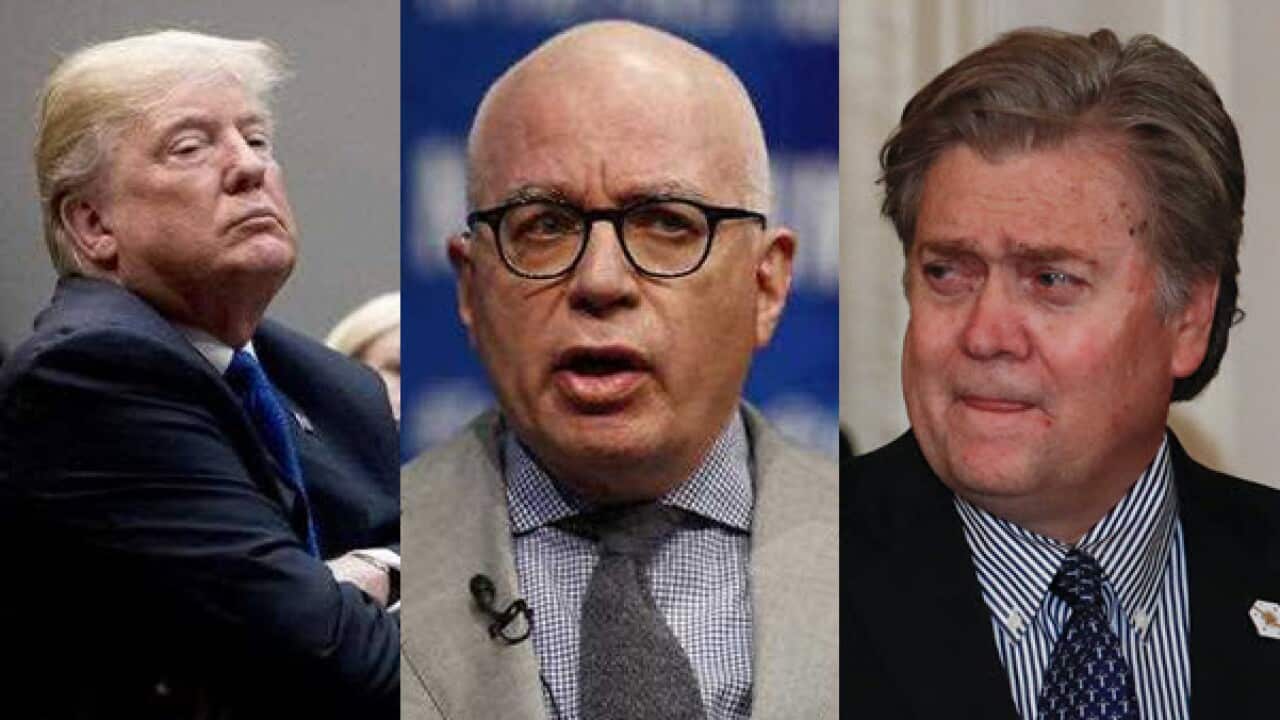 Donald Trump (L), Michael Wolff (C) and Steve Bannon