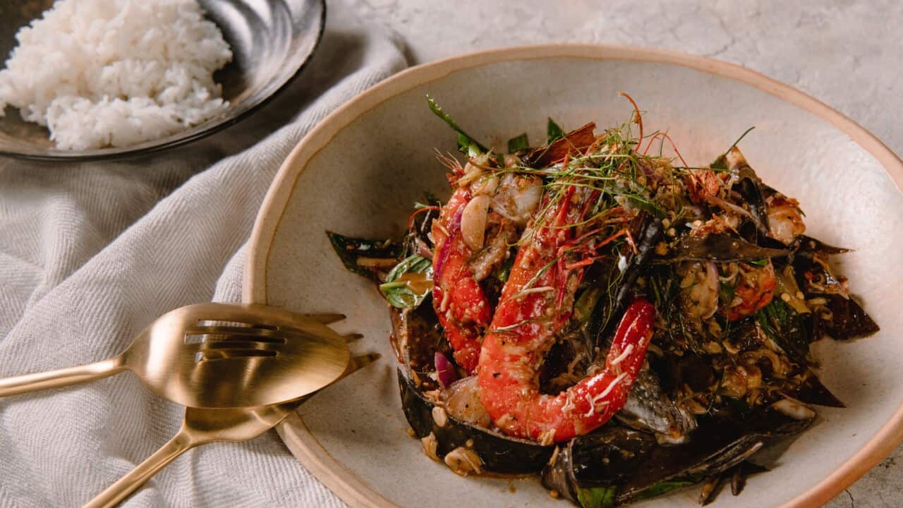 Banana blossom salad with prawns and herbs
