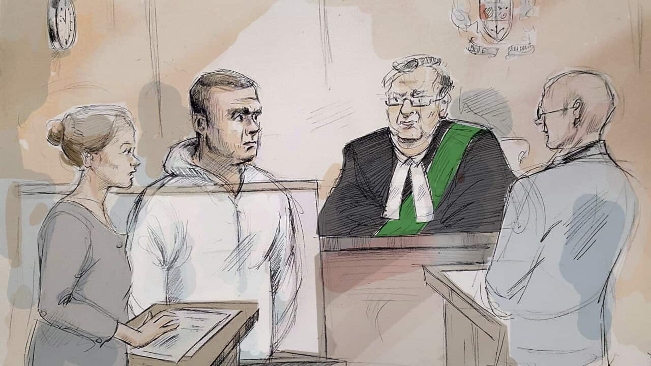 In this courtroom sketch, Duty counsel Georgia Koulis, from left, Alek Minassian, Justice of the Peace Stephen Waisberg, and Crown prosecutor Joe Callaghan appear in court in Toronto.