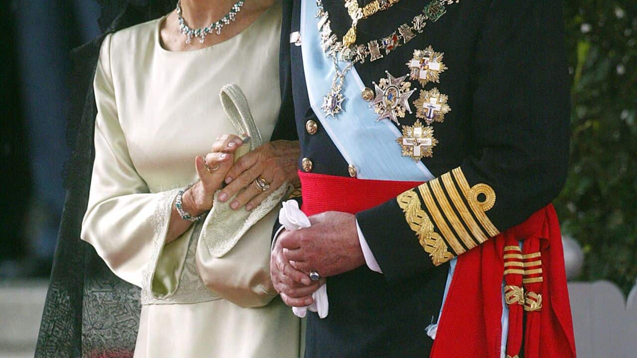 Queen Sofia and King Juan Carlos of Spain leaving the Almudena cathedral after the wedding of Spanish Crown Prince. (AAP)