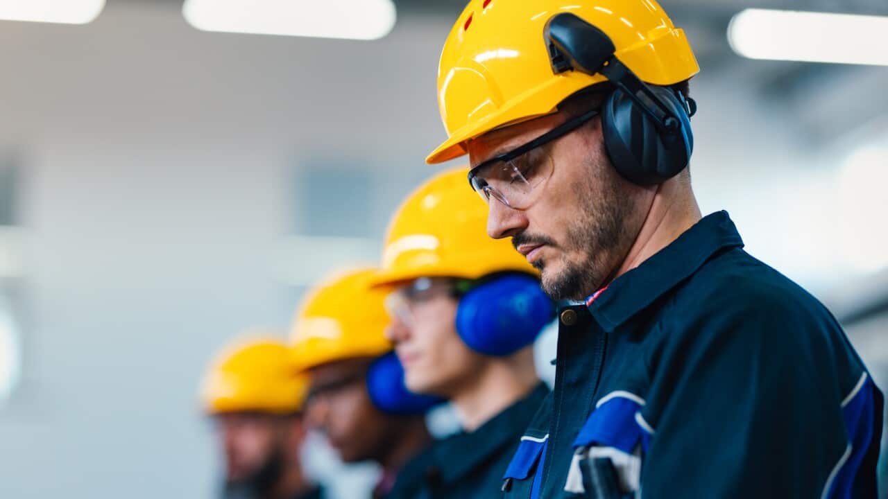 A group of focused factory workers wearing safety helmets and ear protection while working in a busy industrial factory setting.