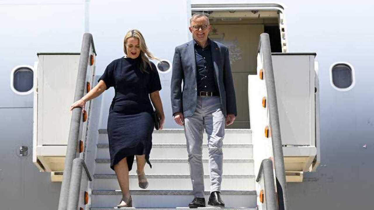 Australian Prime Minister Anthony Albanese and partner Jodie Haydon disembark the plane after arriving at Torrejon Airbase for the Nato Leaders’ Summit in Madrid, Spain, Monday, June 27, 2022