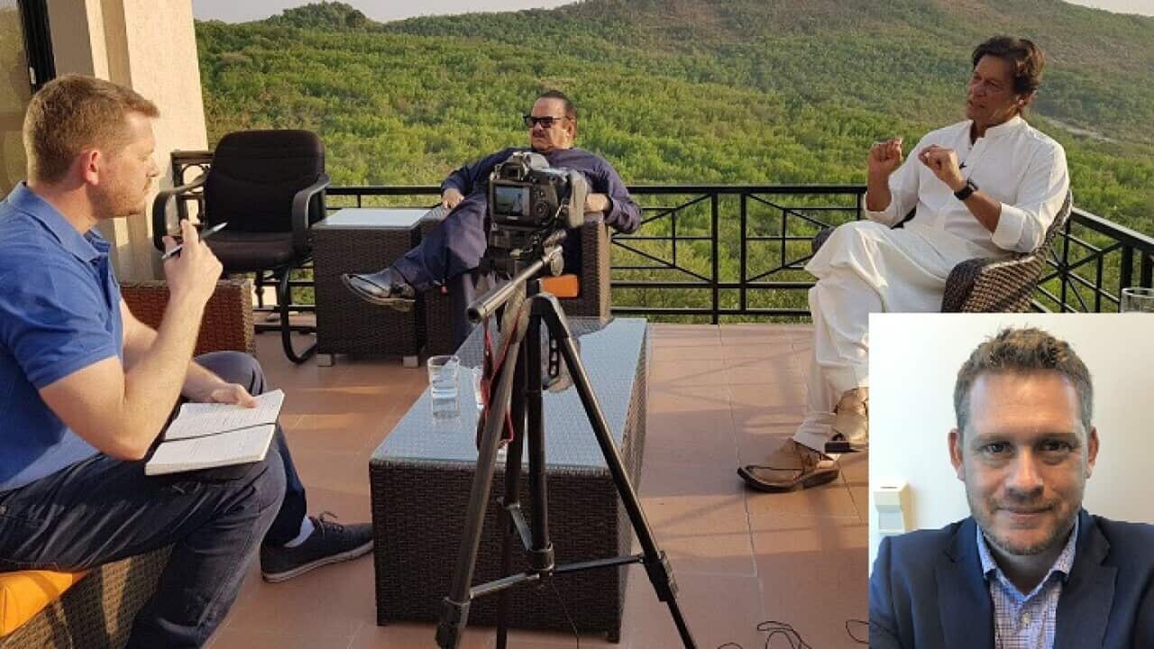 Australian journalist Dennis Freedman interviewing Pakistan's Prime Minister Imran Khan.