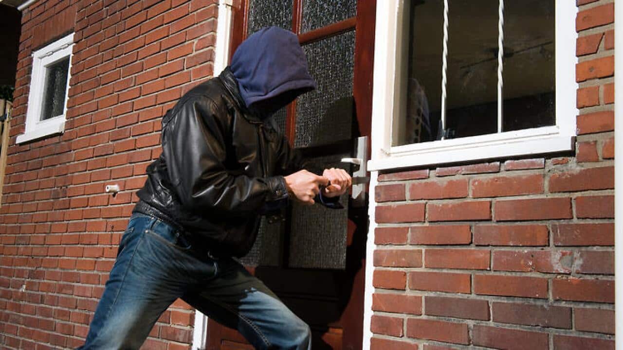 A burglar trying to get into a house by the backdoor