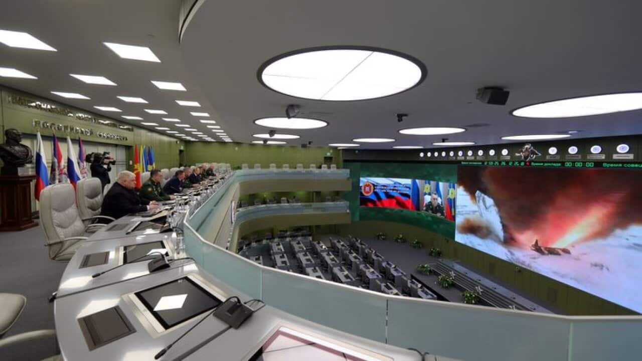 Russian Defense Minister Shoigu, Russian President Putin and Head of the Russian Armed Forces General Staff, First Deputy Defense Minister General Gerasimov