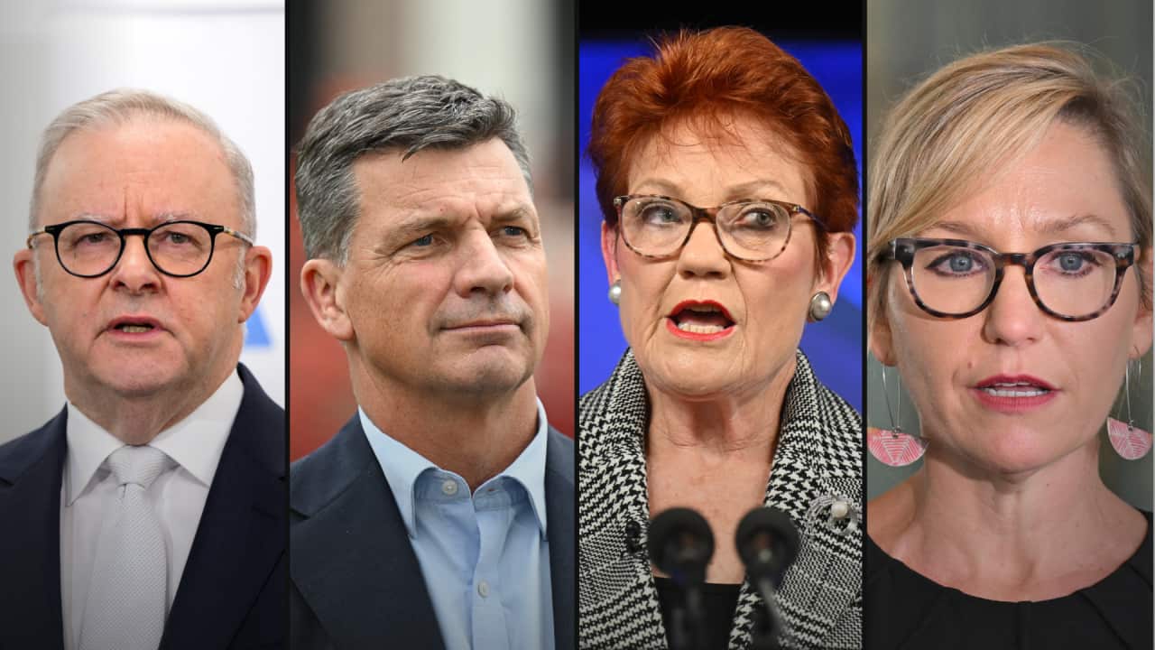 A four-way composite image of Anthony Albanese, Angus Taylor, Pauline Hanson, and Larissa Waters.