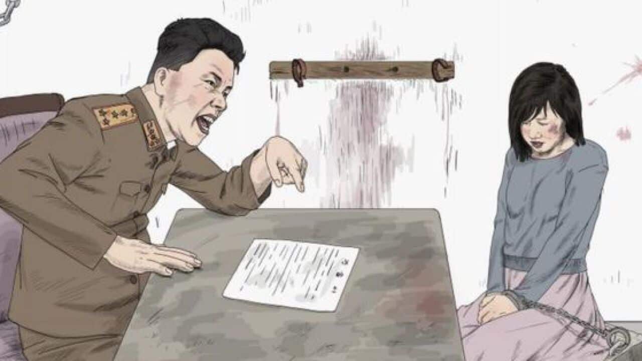 A depiction of the treatment of a woman in North Korea included in the HRW report.