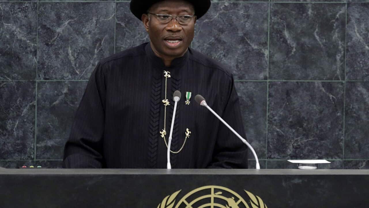 Nigerian President Goodluck Jonathon speaks at the United Nations