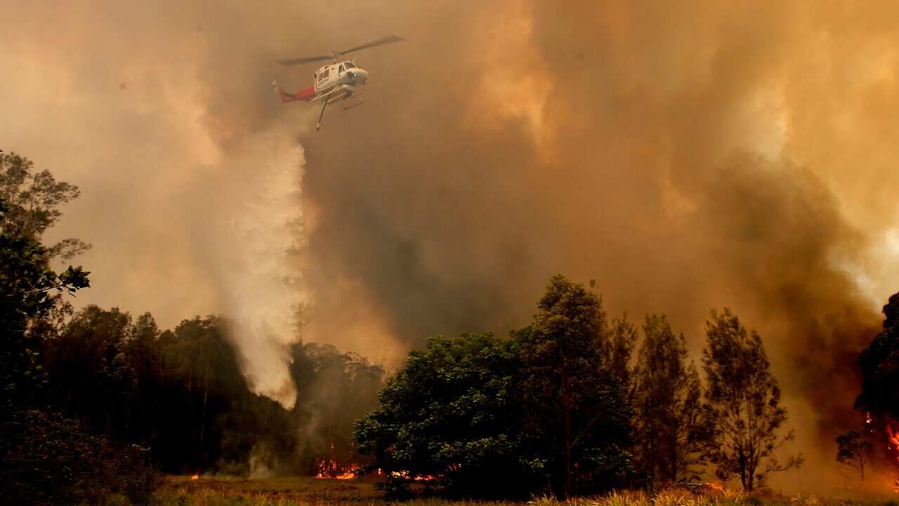 A fire bombing helicopter works to contain a bushfire along Old Bar road in Old Bar.