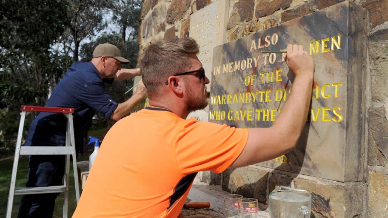 Volunteers repair two plaques at the Warrandyte RSL